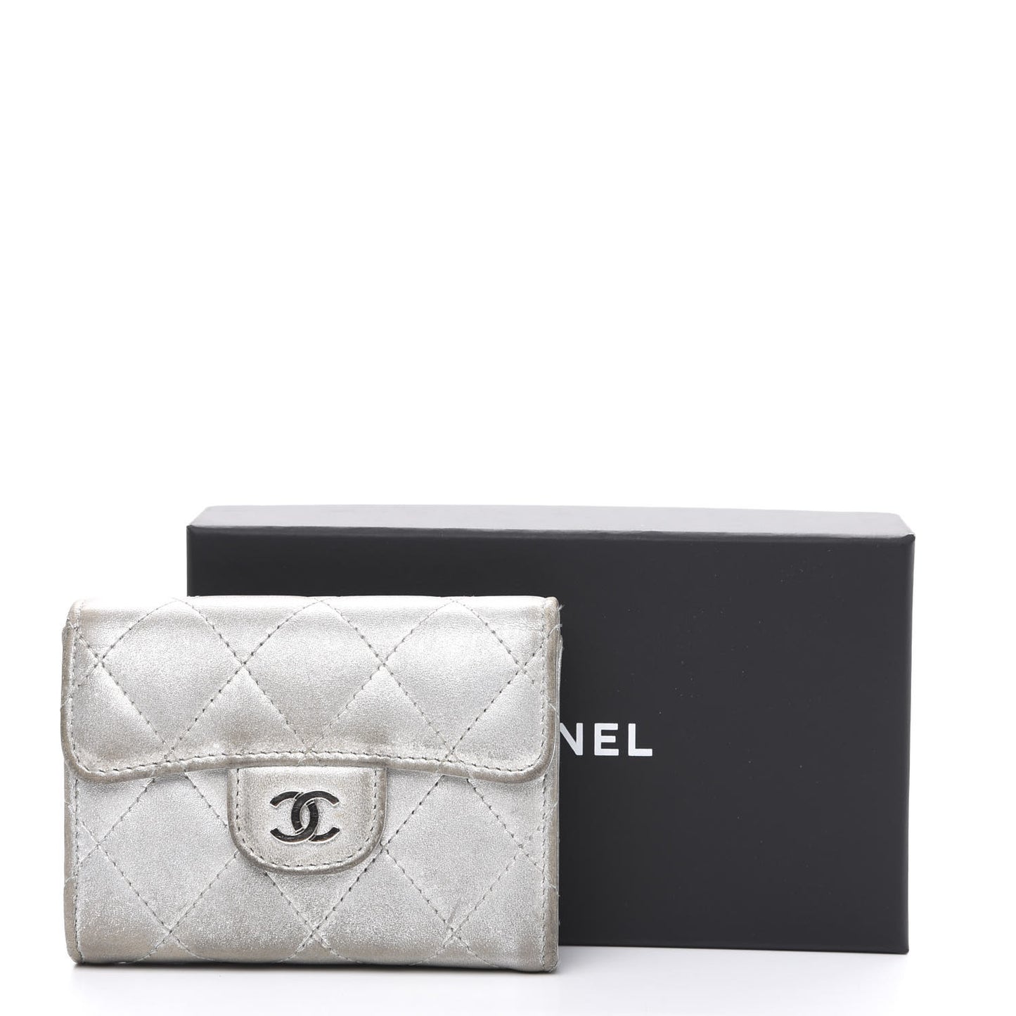 Metallic Lambskin Quilted Flap Card Holder Wallet Silver