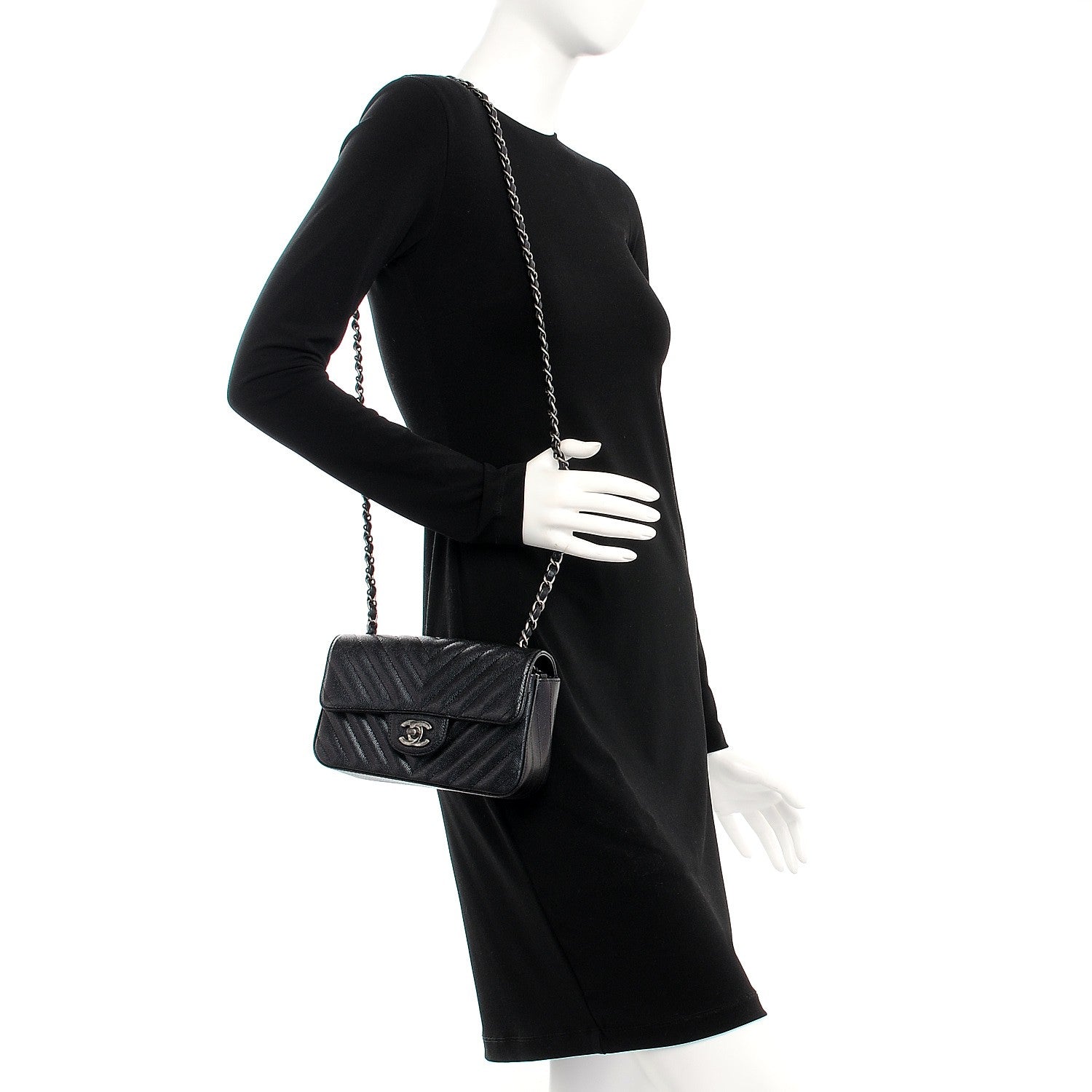 Chanel Metallic Caviar Chevron Quilted Mini Rectangular Flap Black 2 of 8
