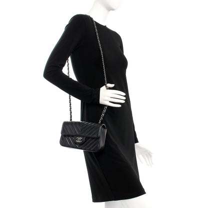 Chanel Metallic Caviar Chevron Quilted Mini Rectangular Flap Black 2 of 8