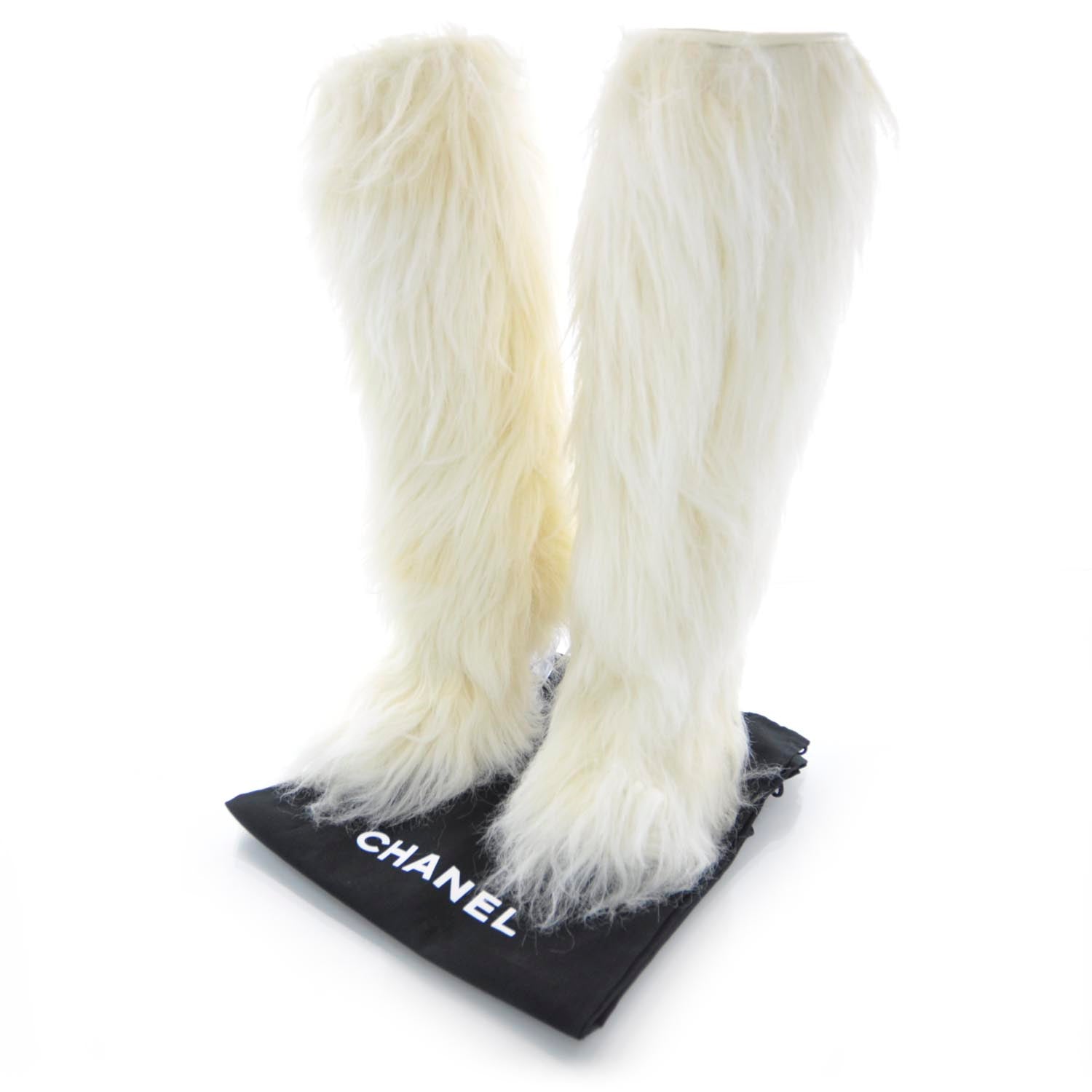 Chanel Fantasy Fur Icicle Heel Mukluks Boots 37.5 Ecru 32148