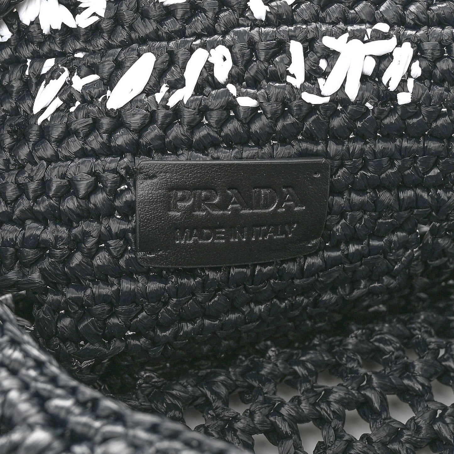Yarn Raffia Effect Crochet Logo Embroidered Shopping Tote Bag Black