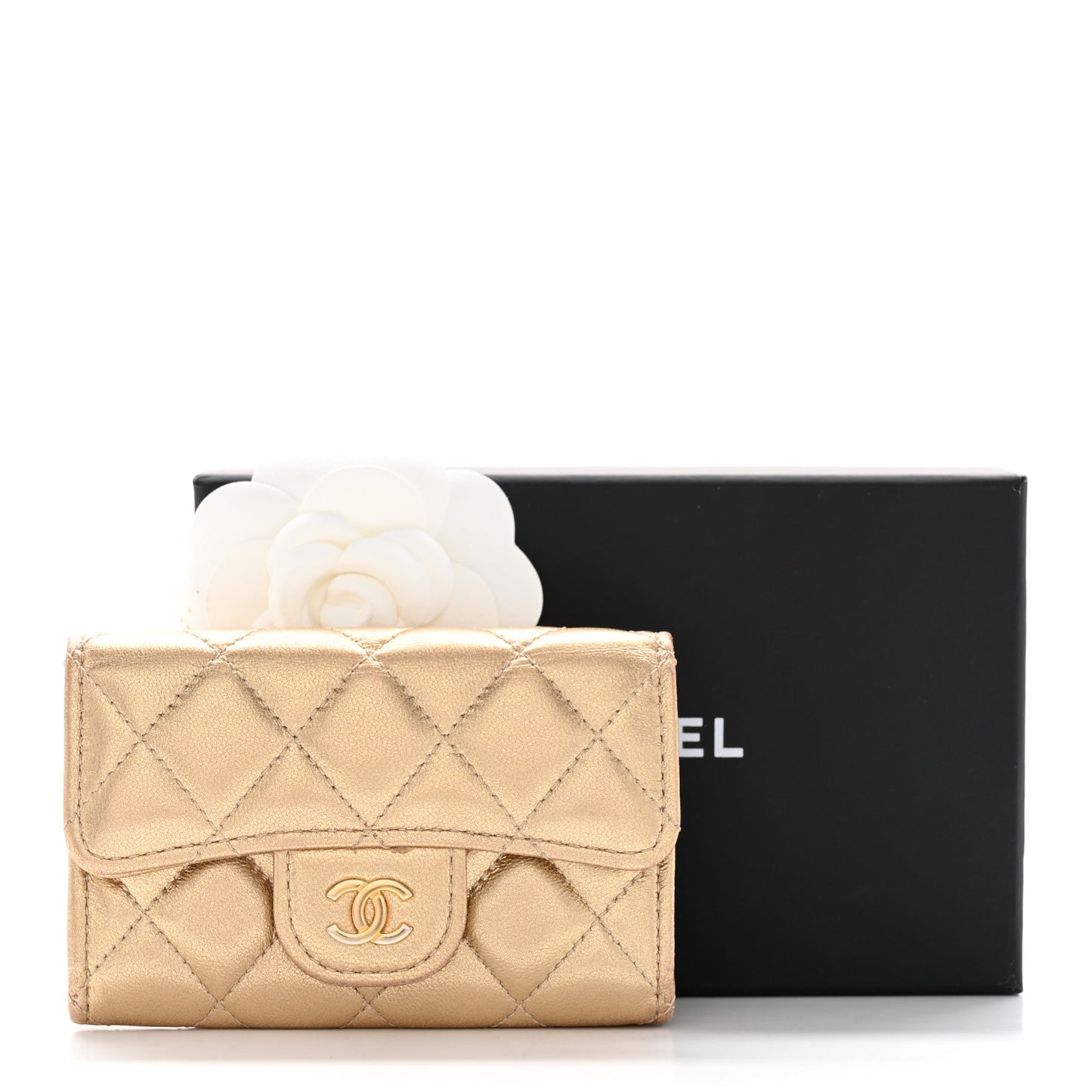 Metallic Lambskin Quilted Flap Card Holder Wallet Gold