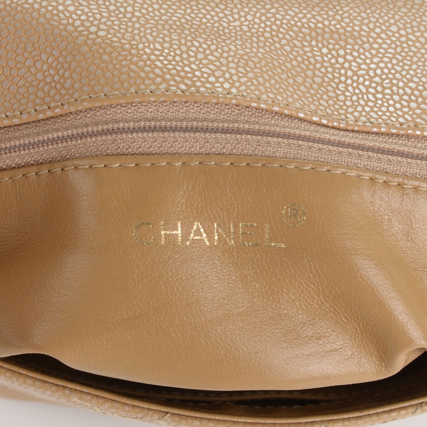 Metallic Caviar Quilted Medium Single Flap Beige