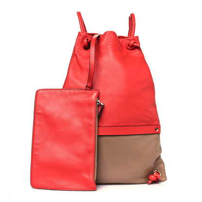 Valentino Garavani Calfskin Rockstud Bi-Color Drawstring Backpack Red Beige 1 of 12
