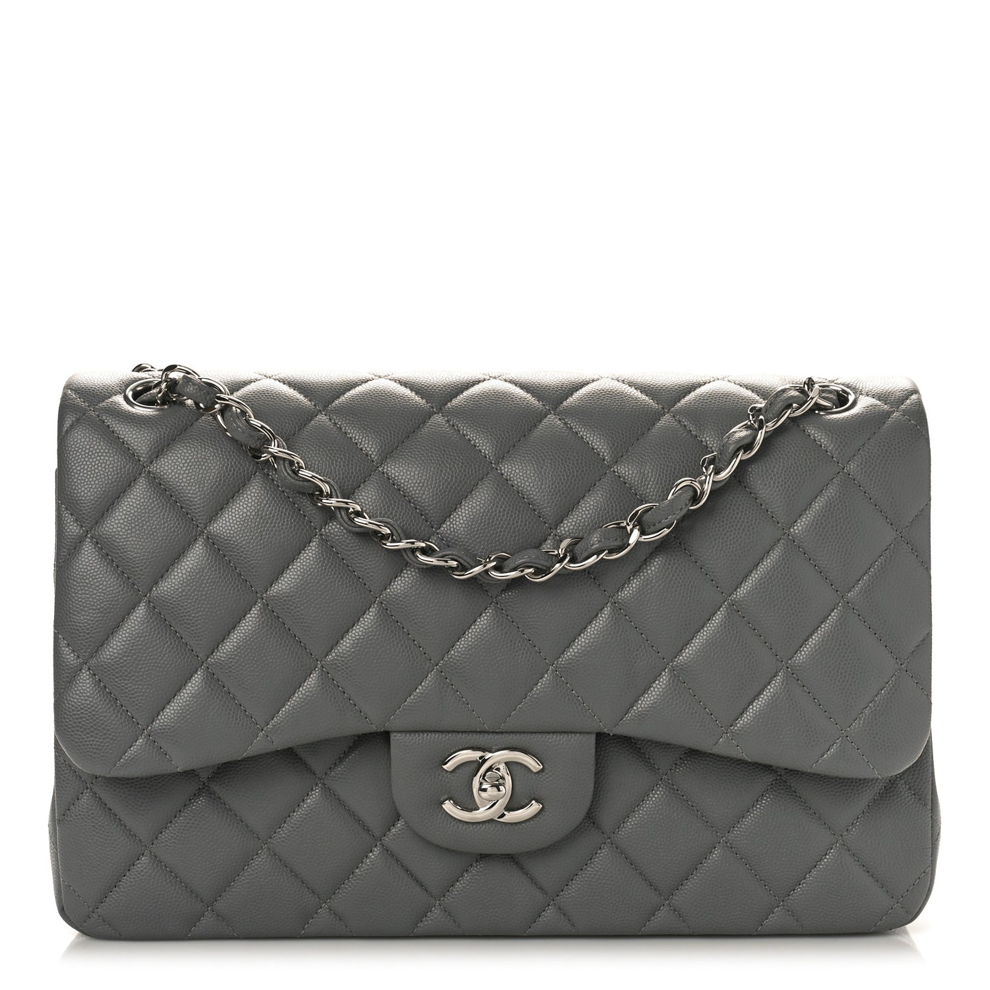 Caviar Quilted Jumbo Double Flap Grey