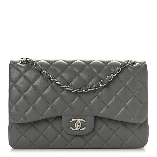 Caviar Quilted Jumbo Double Flap Grey