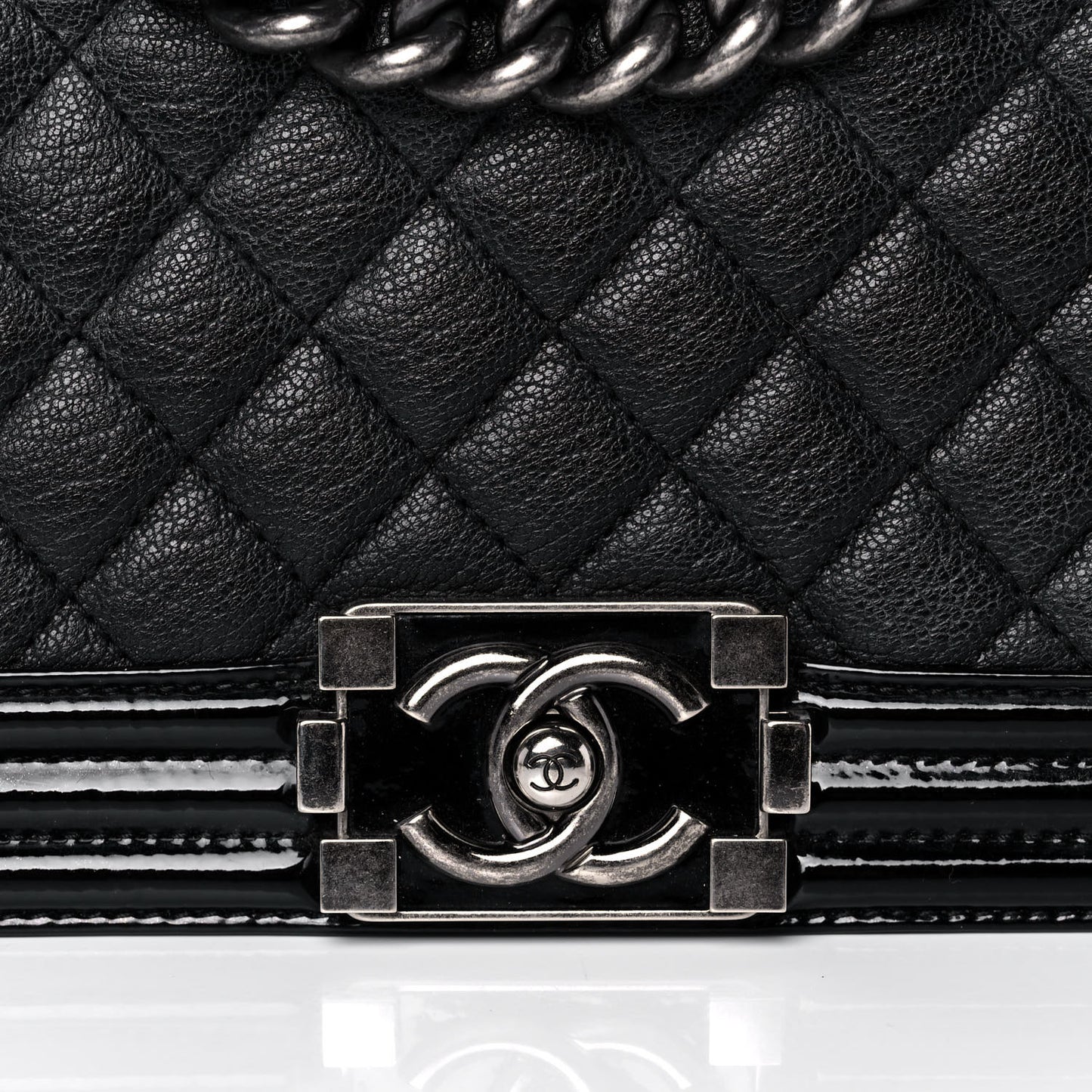 Goatskin Quilted Patent Medium Duo Boy Flap Black