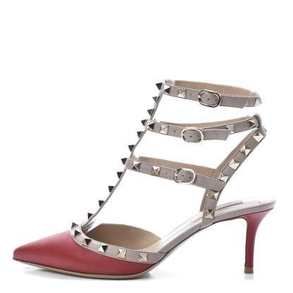 Valentino Garavani Nappa Rockstud Ankle Strap Low Heel Pumps 38 Red Poudre 1 of 12