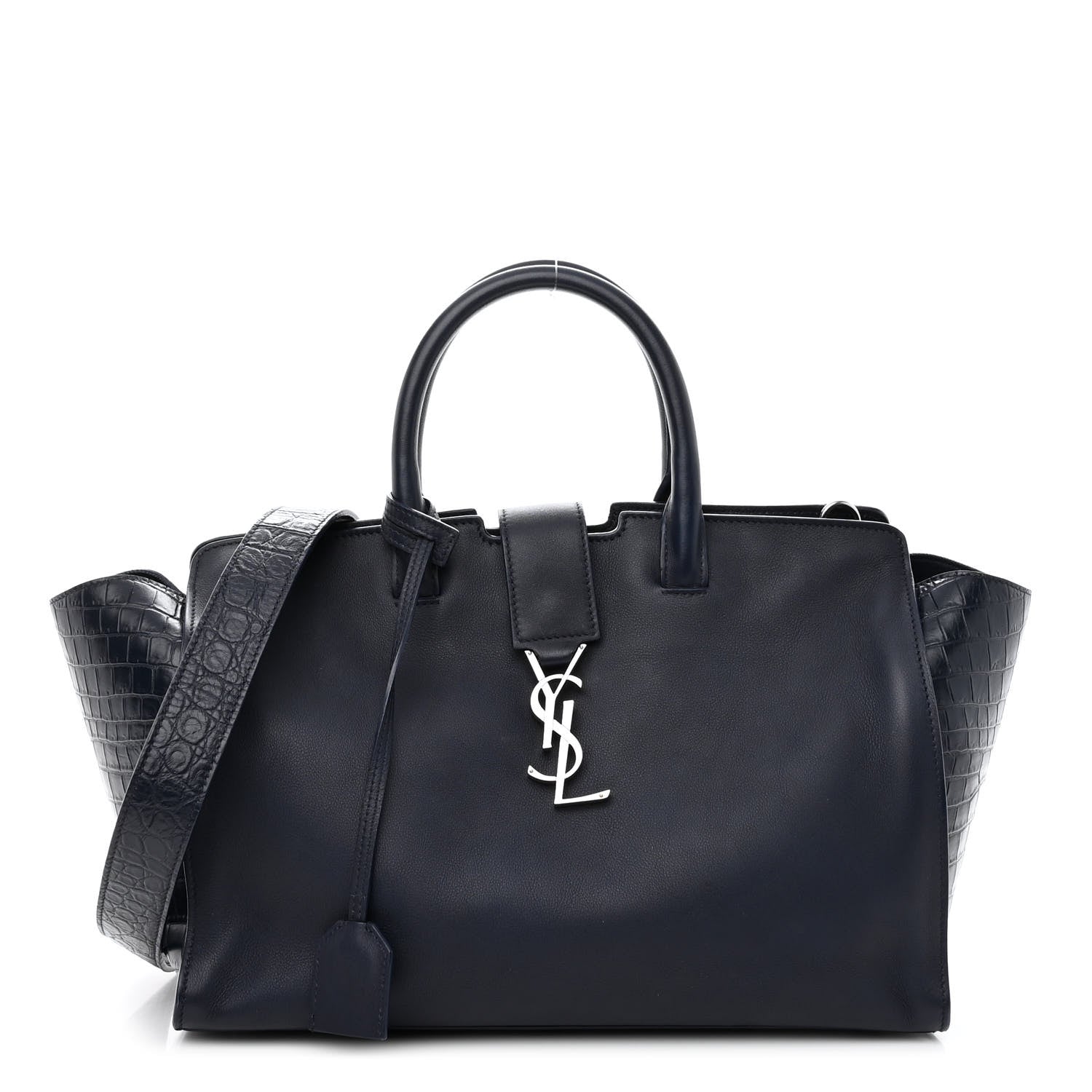 Saint Laurent Calfskin Croc Embossed Small Monogram Downtown Cabas Blue 1 of 9