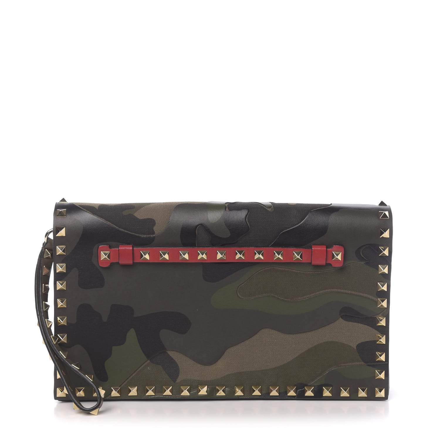 Valentino Garavani Nappa Canvas Camouflage Rockstud Wristlet Clutch Verde Rouge 1 of 8