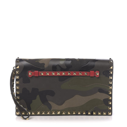 Valentino Garavani Nappa Canvas Camouflage Rockstud Wristlet Clutch Verde Rouge 1 of 8