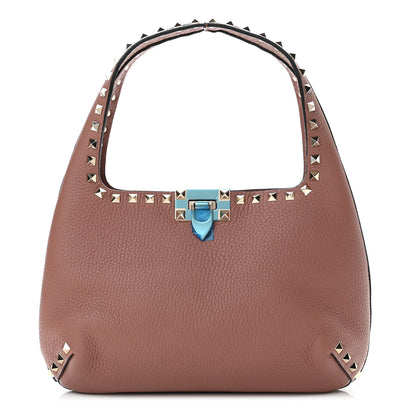 Valentino Garavani Pebbled Calfskin Small Rockstud Flip Lock Hobo Dark Nude 1 of 9