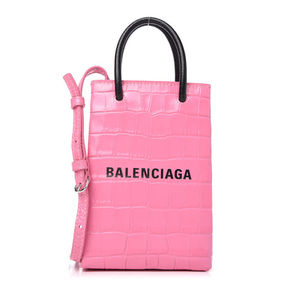 Balenciaga Shiny Calfskin Crocodile Embossed Logo Shopping Phone Holder Bag Rose Black 1 of 9