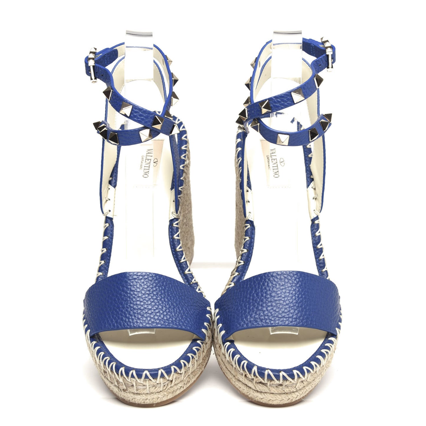 Grained Calfskin Rockstud Espadrille Wedge Sandals 41 Blue
