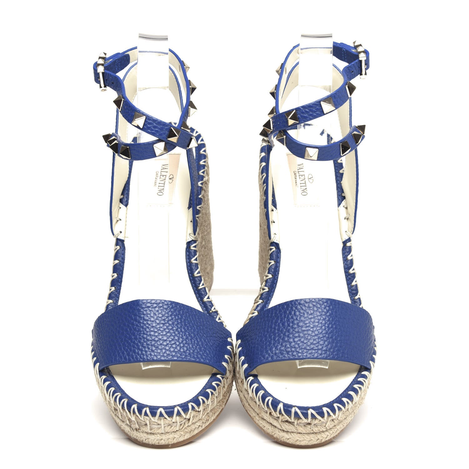 Valentino Garavani Grained Calfskin Rockstud Espadrille Wedge Sandals 41 Blue 5 of 10