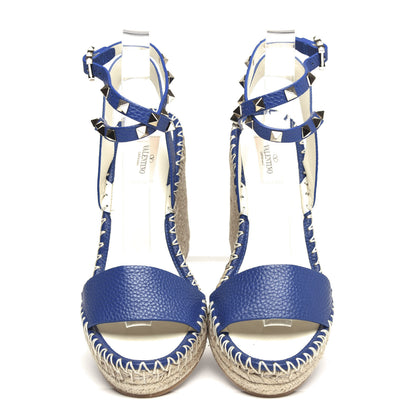 Valentino Garavani Grained Calfskin Rockstud Espadrille Wedge Sandals 41 Blue 5 of 10