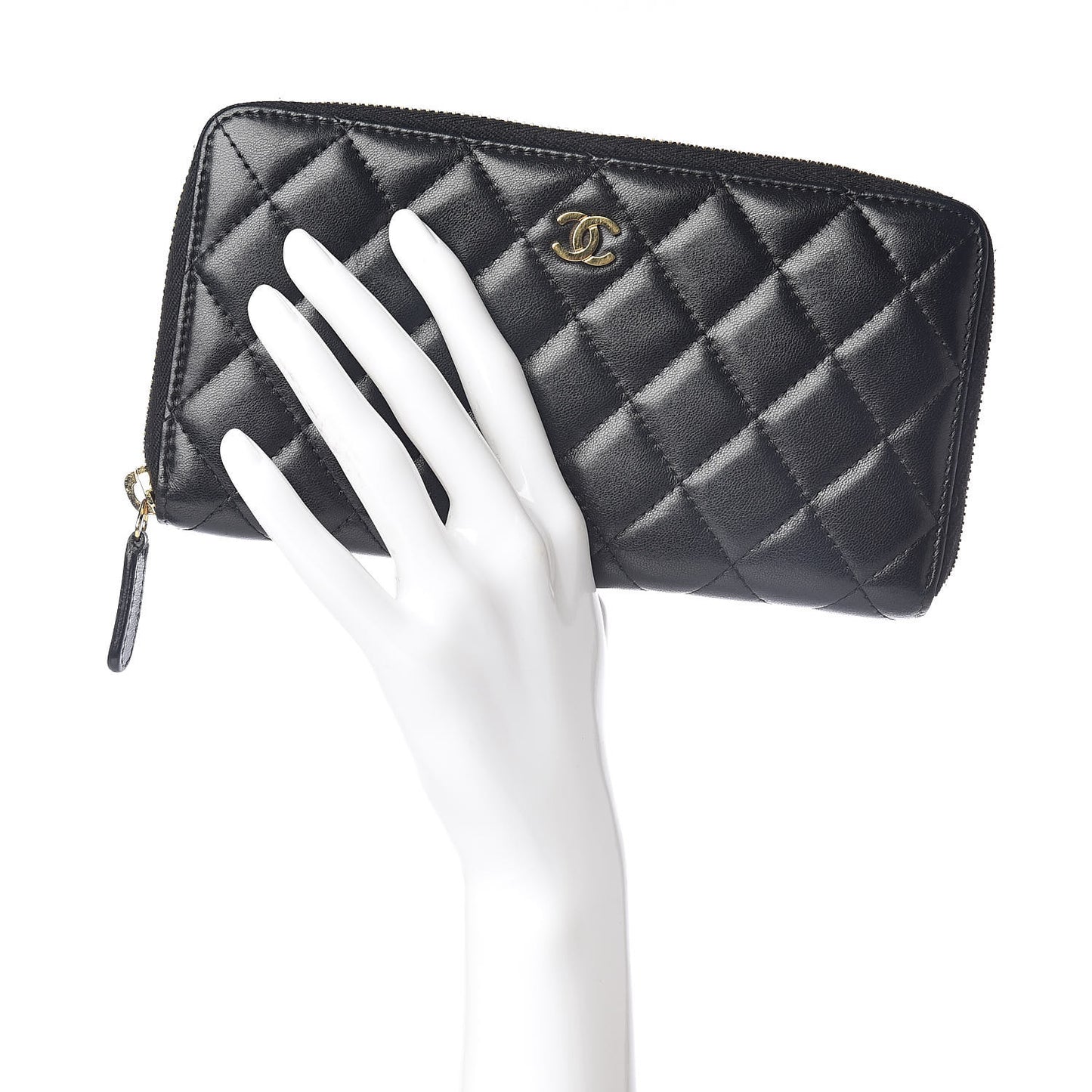 Lambskin Quilted Large Gusset Zip Around Wallet Black