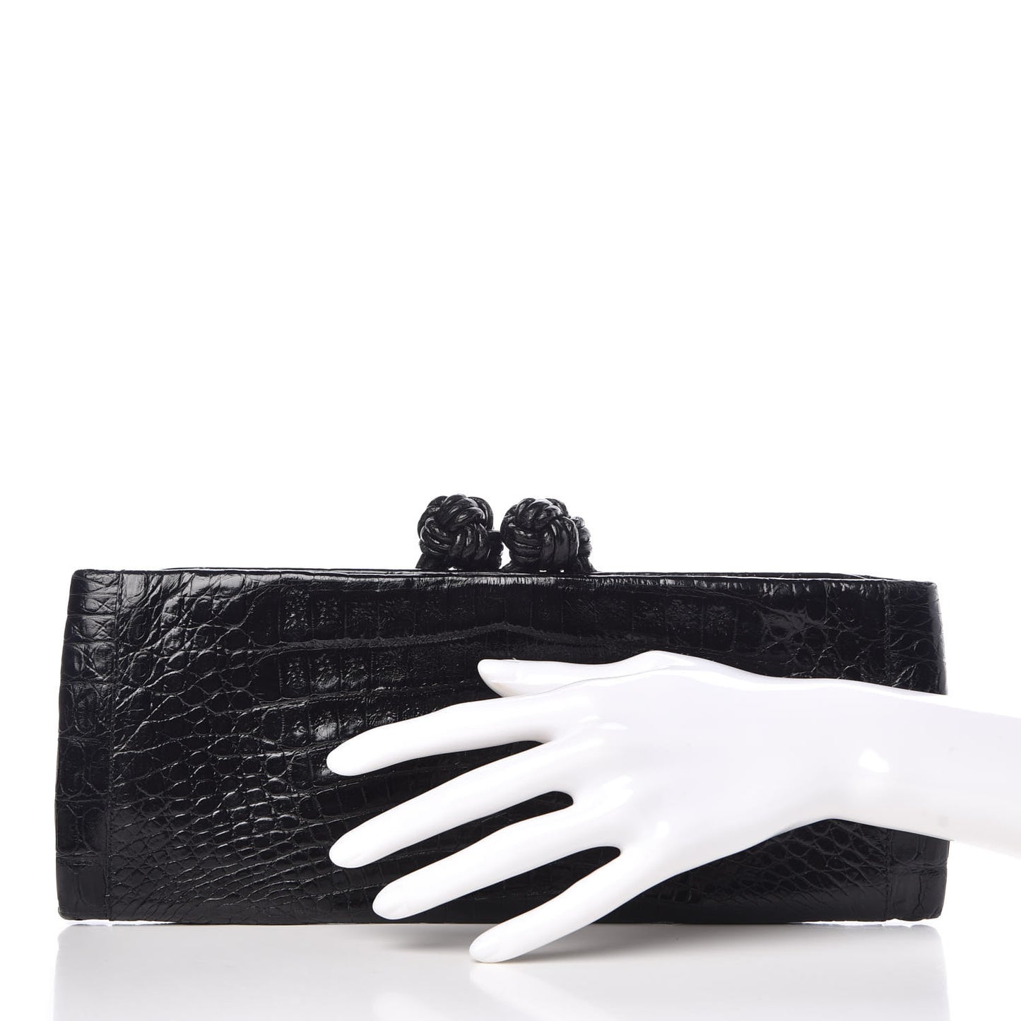 Glossy Crocodile Knot Top Clutch Black