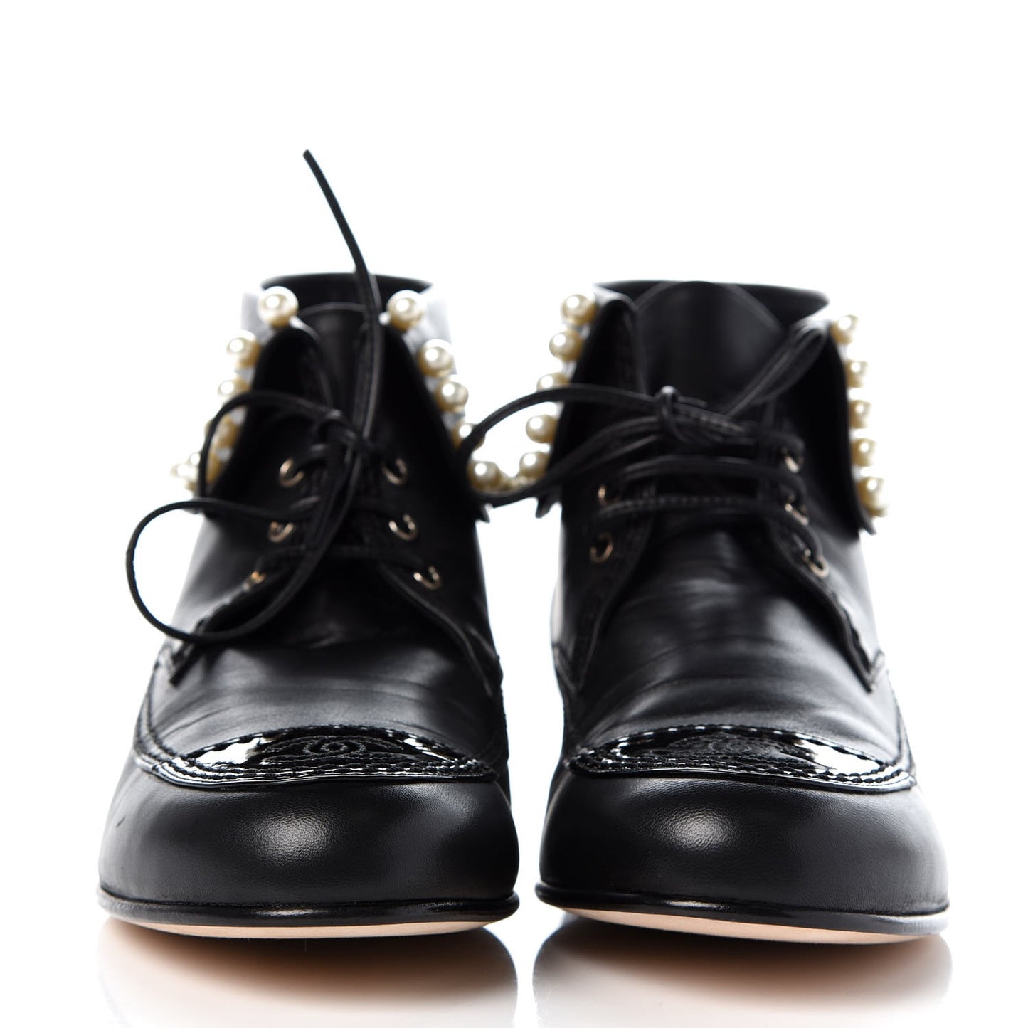 Lambskin Patent Calfskin Pearl Lace Up Boots 38 Black