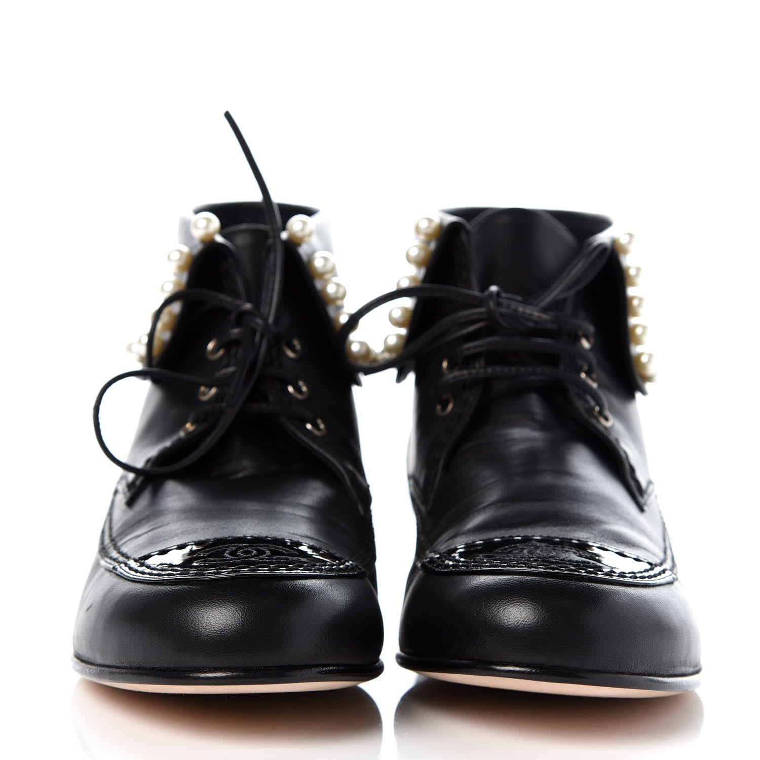 Chanel Lambskin Patent Calfskin Pearl Lace Up Boots 38 Black 2 of 9