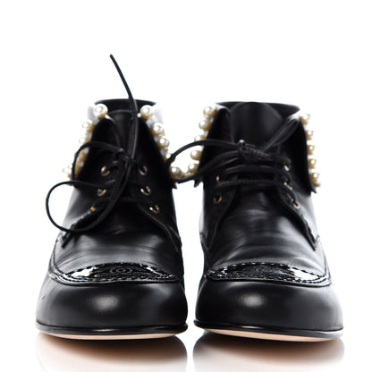 Chanel Lambskin Patent Calfskin Pearl Lace Up Boots 38 Black 2 of 9