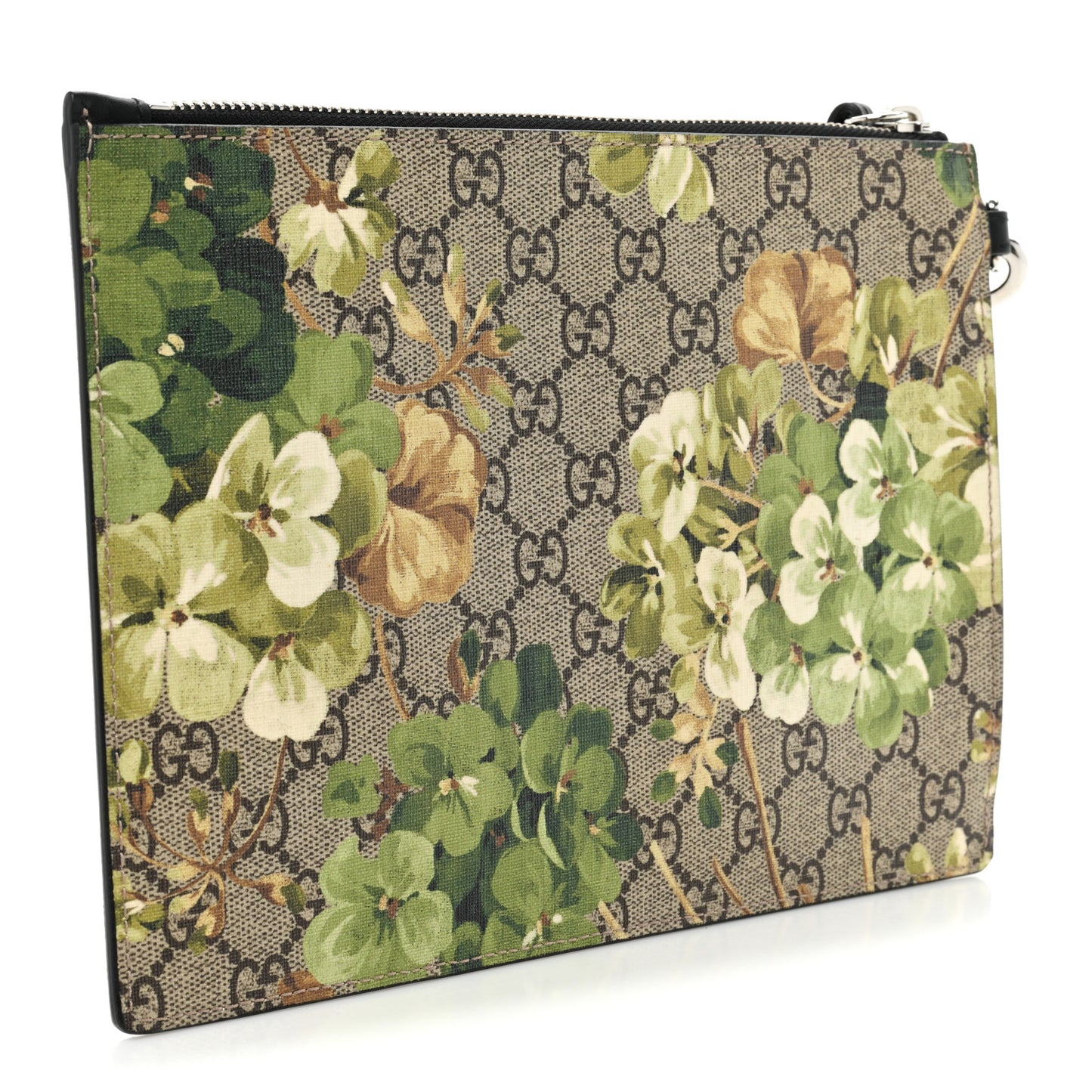 GG Supreme Monogram Blooms Small Zip Wristlet Pouch Beige New Military Black