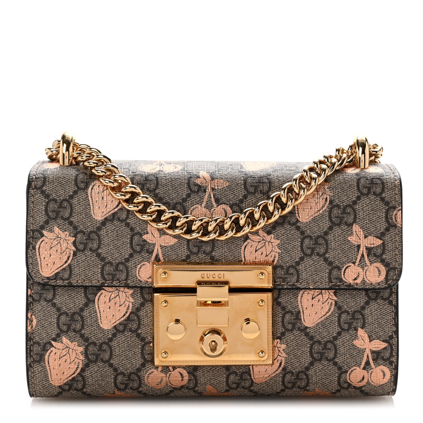 GG Supreme Monogram Berry Textured Dollar Calfskin Small Padlock Shoulder Bag Beige Ebony Light Copper Mystic White