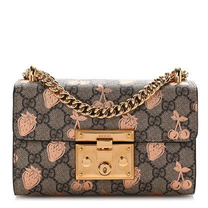 Gucci GG Supreme Monogram Berry Textured Dollar Calfskin Small Padlock Shoulder Bag Beige Ebony Light Copper Mystic White 1 of 11