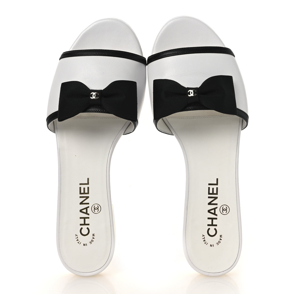Lambskin Grosgrain CC Bow Mules 38.5 White Black