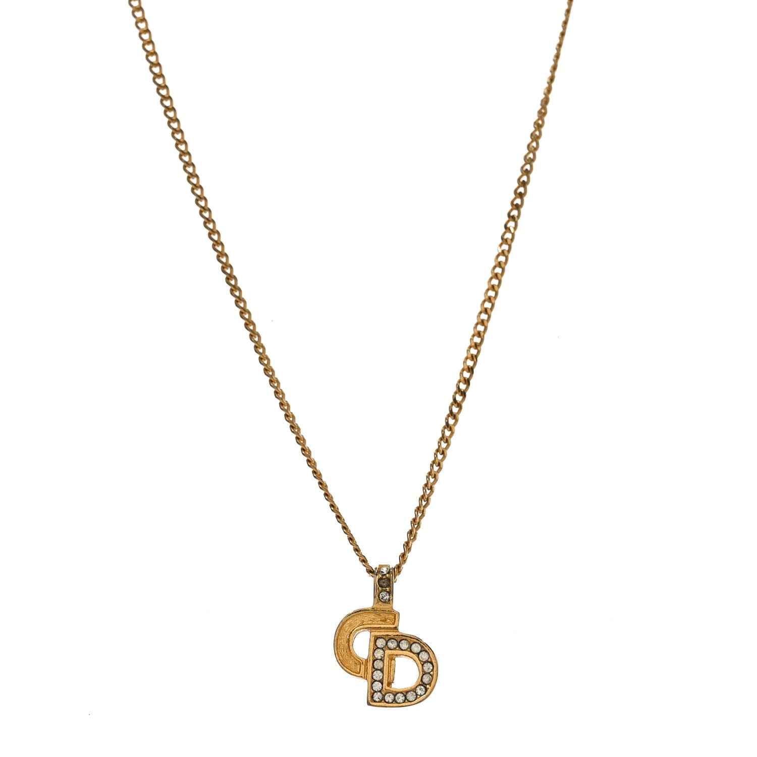 Christian Dior Metal Crystal CD Logo Pendant Necklace Gold 1 of 4
