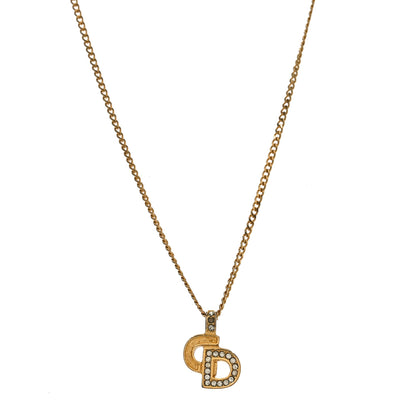 Christian Dior Metal Crystal CD Logo Pendant Necklace Gold 1 of 4