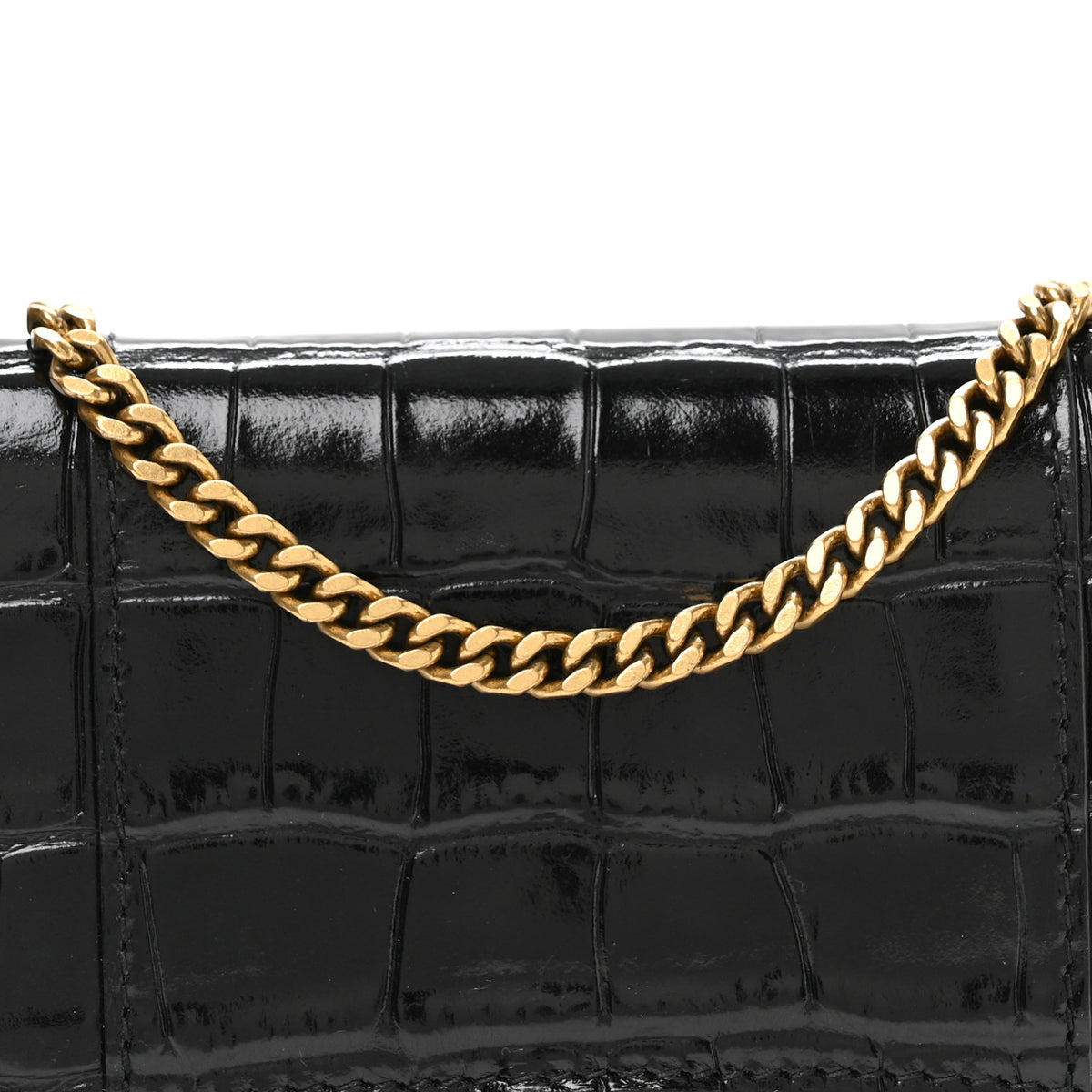 Shiny Calfskin Crocodile Embossed XS Hourglass Wallet On Chain Black