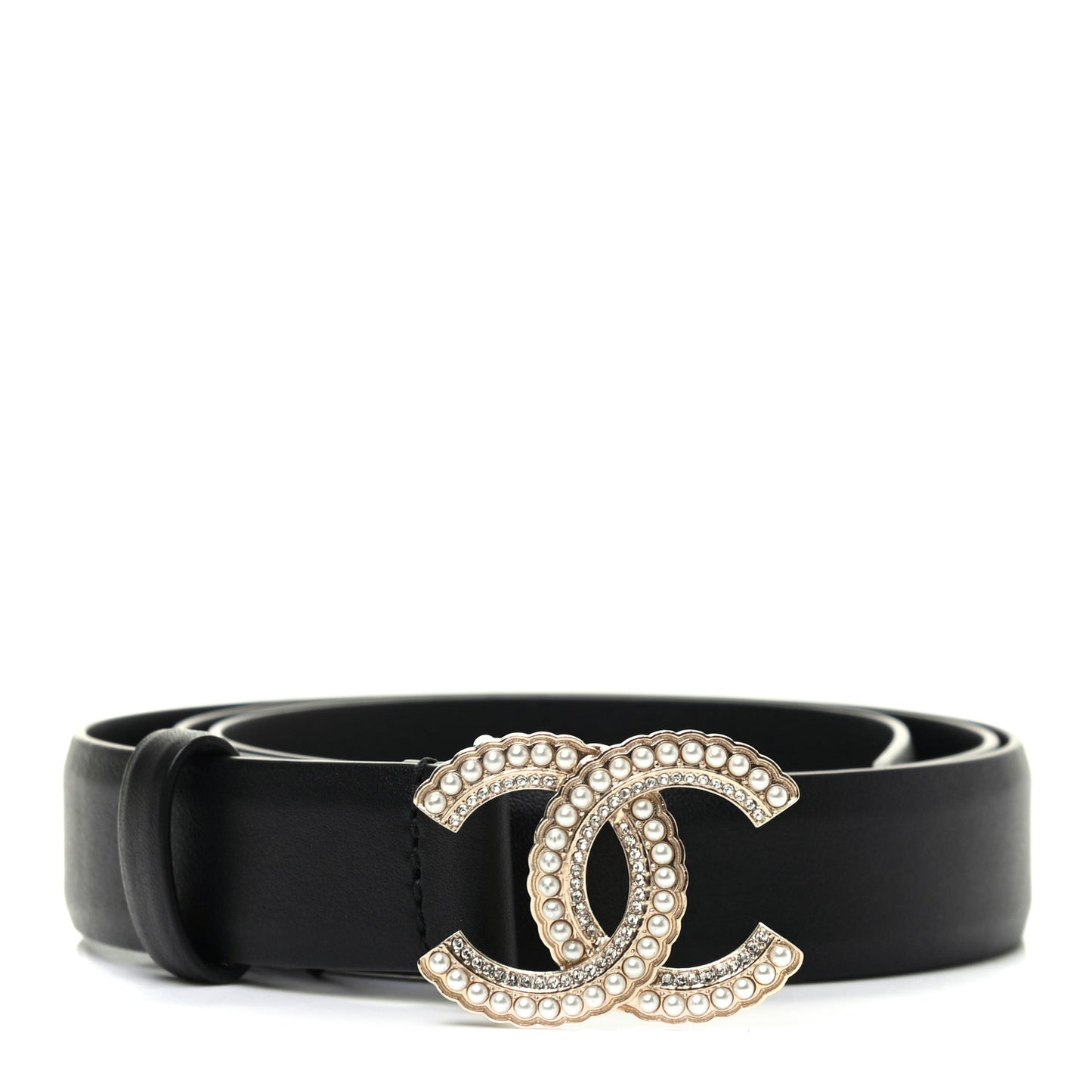Calfskin Pearl Crystal Queen of France CC Belt 85 34 Black