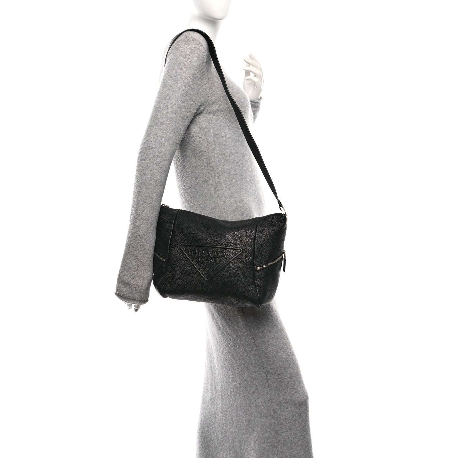 Prada Vitello Daino Triangle Logo Embossed Shoulder Bag Black 2 of 9