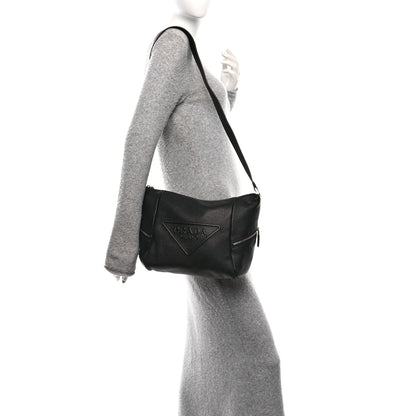 Prada Vitello Daino Triangle Logo Embossed Shoulder Bag Black 2 of 9