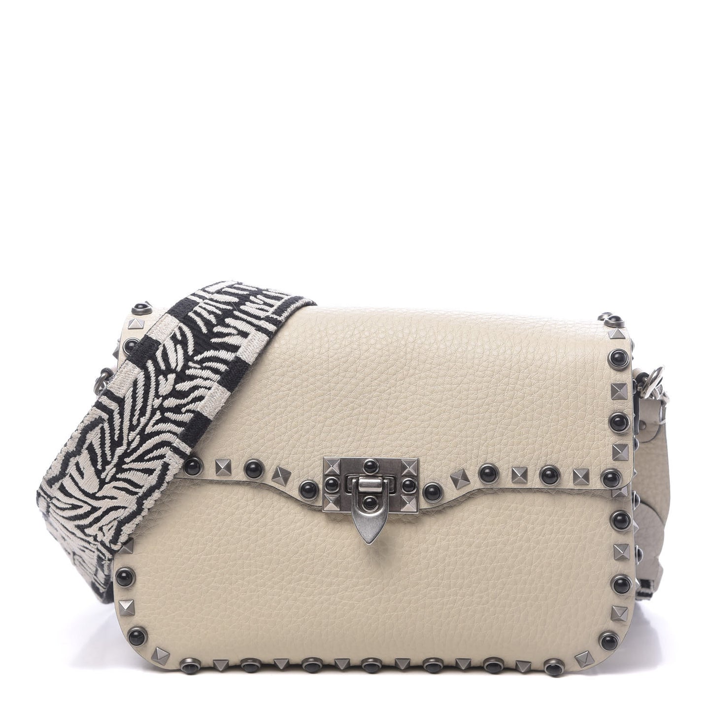 Pebbled Calfskin Onyx Medium Guitar Strap Rockstud Rolling Flap Saddle Bag Ivory
