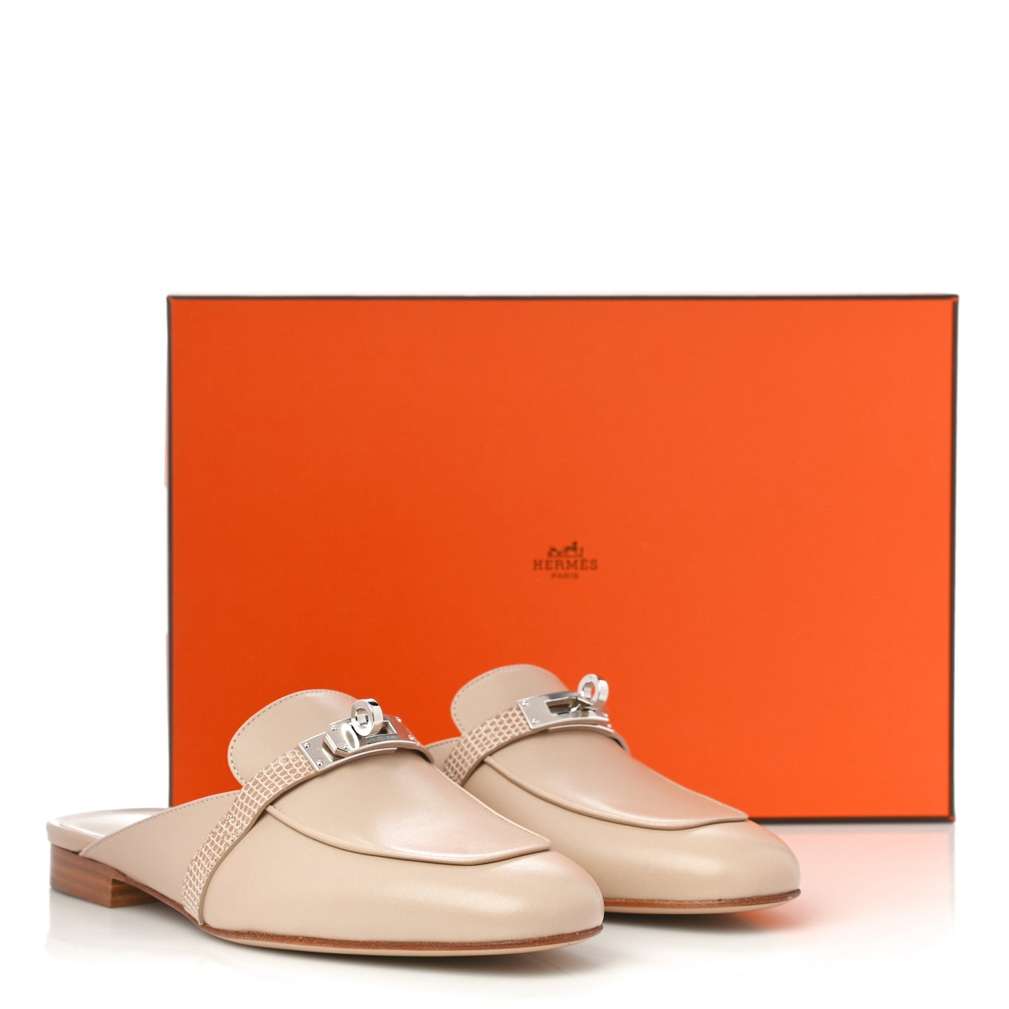 Shiny Lizard Calfskin Oz Mules 37 Beige Sarrazin