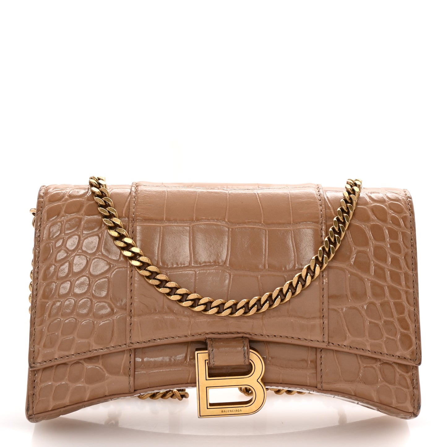 Shiny Calfskin Crocodile Embossed Hourglass Wallet on Chain Nude Beige