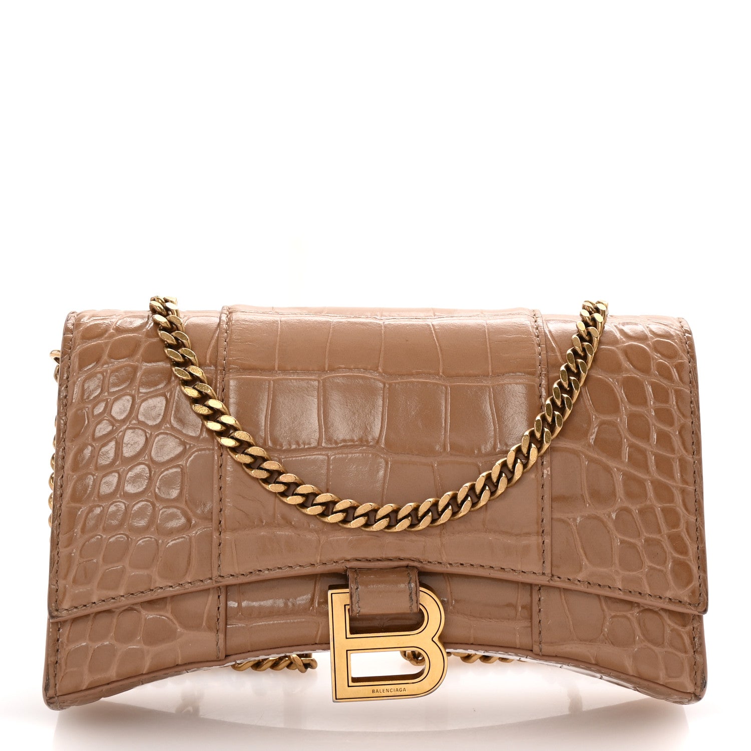 Balenciaga Shiny Calfskin Crocodile Embossed Hourglass Wallet on Chain Nude Beige 1 of 9
