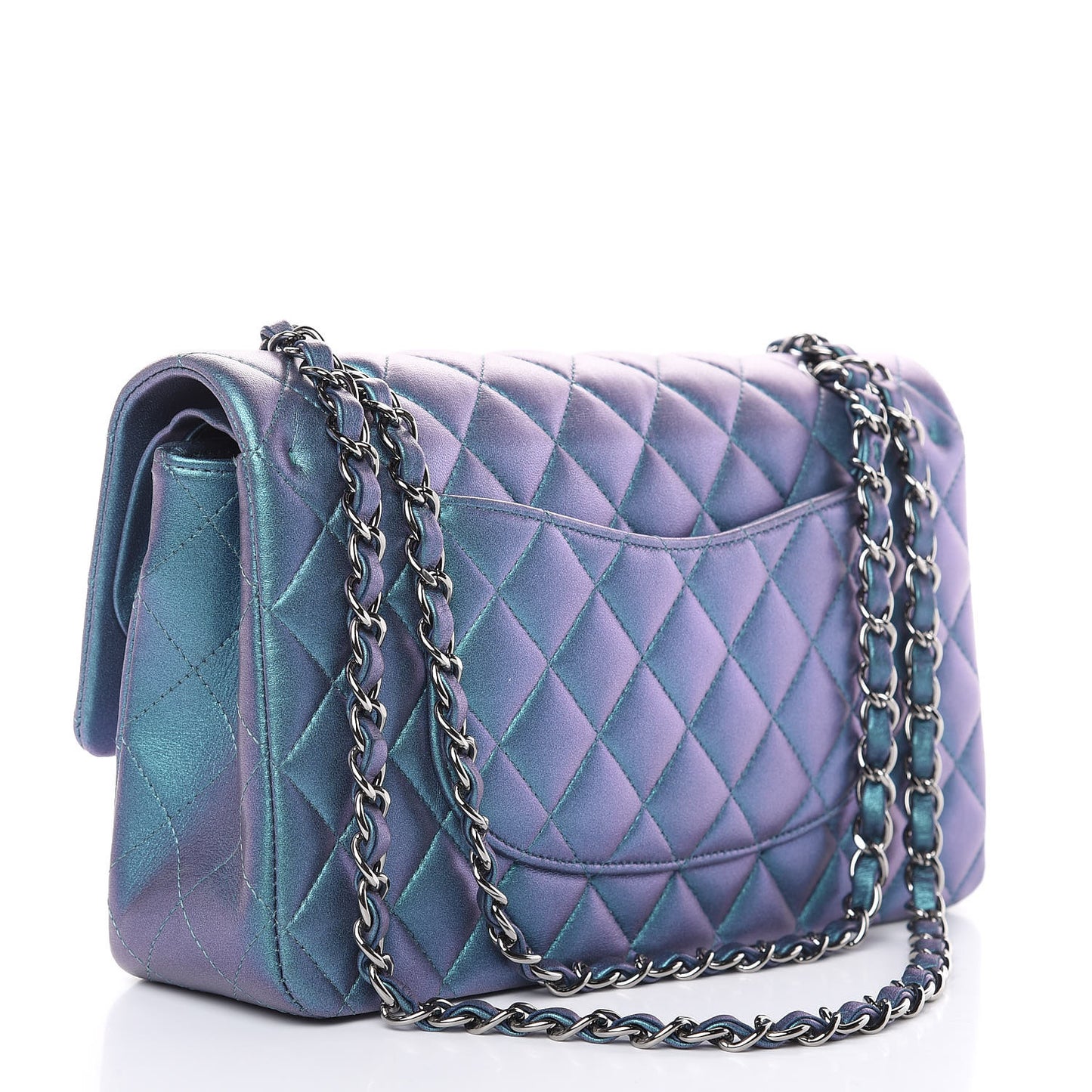 Metallic Lambskin Quilted Medium Double Flap Turquoise