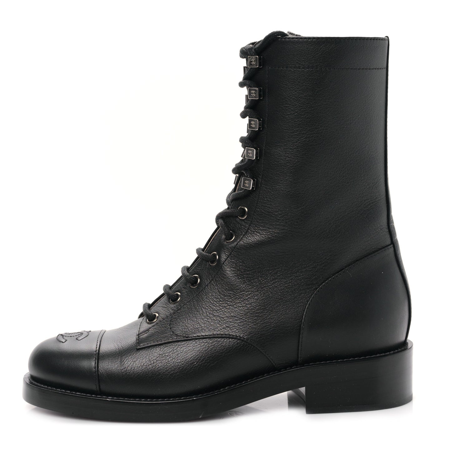 Calfskin Cap Toe Lace Up Combat Boots 38 Black