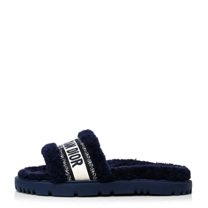Christian Dior Shearling Canvas Embroidered Dway 10mm Slide Sandals 37 Deep Blue Natural 1 of 8