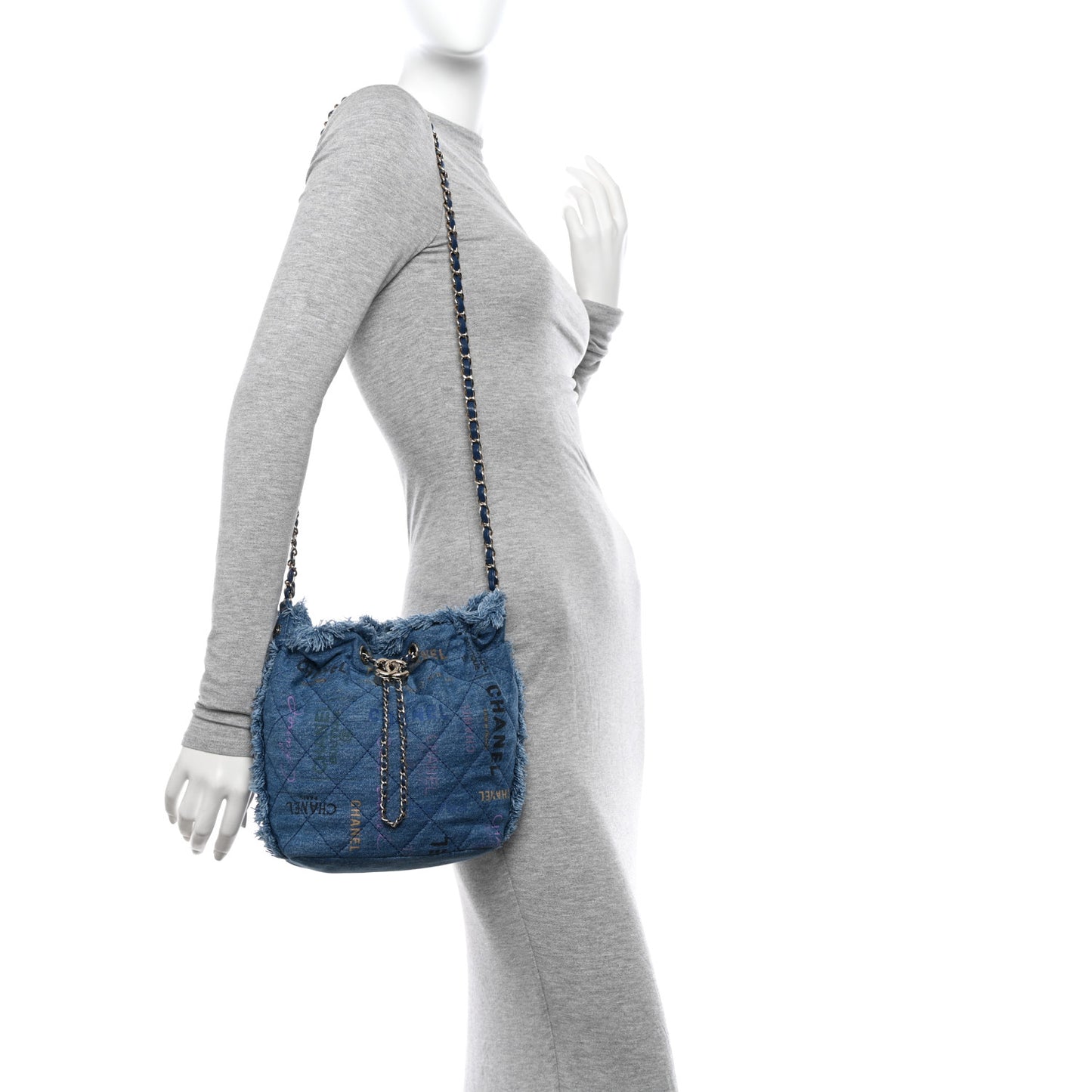 Denim Quilted Mood Bucket With Chain Blue Multicolor