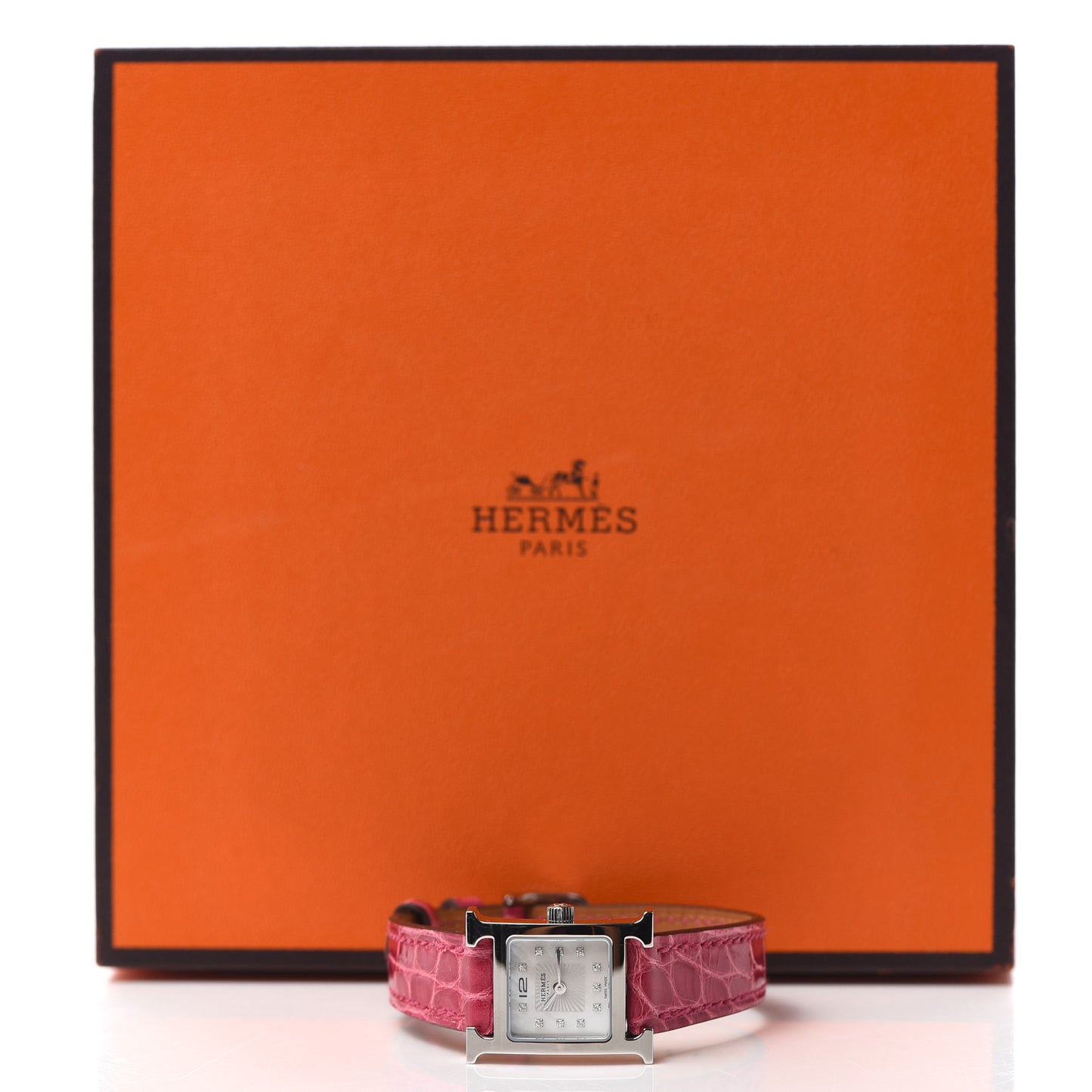 Stainless Steel Alligator Diamond Mother of Pearl 17.2mm Heure H Hour Quartz Watch Framboise