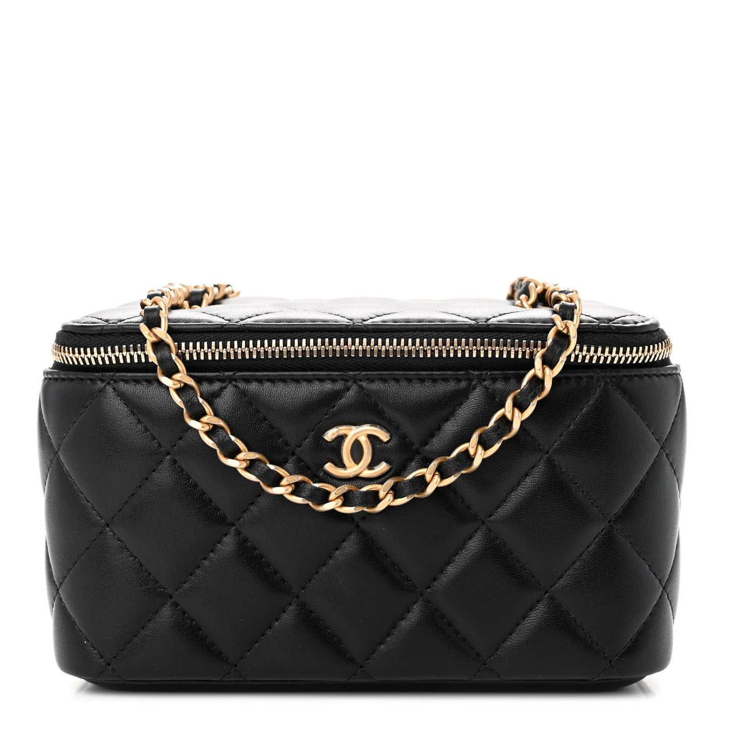 Lambskin Quilted Small Pearl Crush Vanity Case With Chain Black