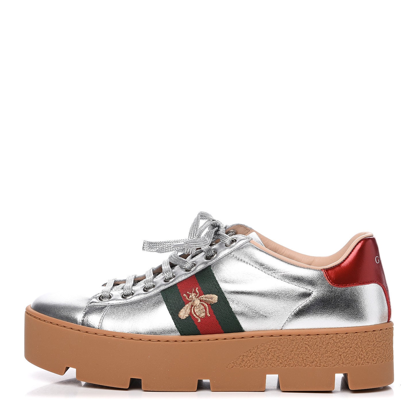 Metallic Nappa Web Bee Embroidered Womens Ace Platform Sneakers 37.5 Argento Red Flame