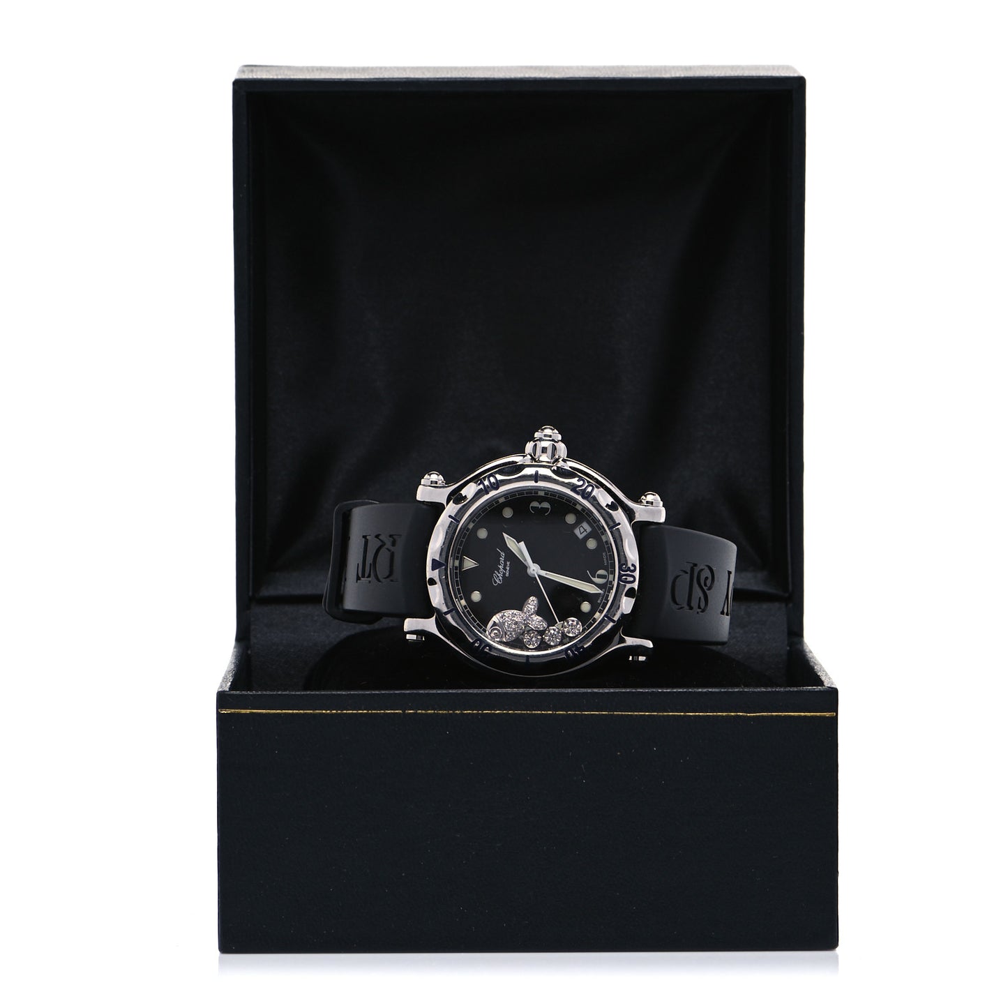 Stainless Steel Rubber Diamond 38mm Happy Sport Fish Quartz Watch Black