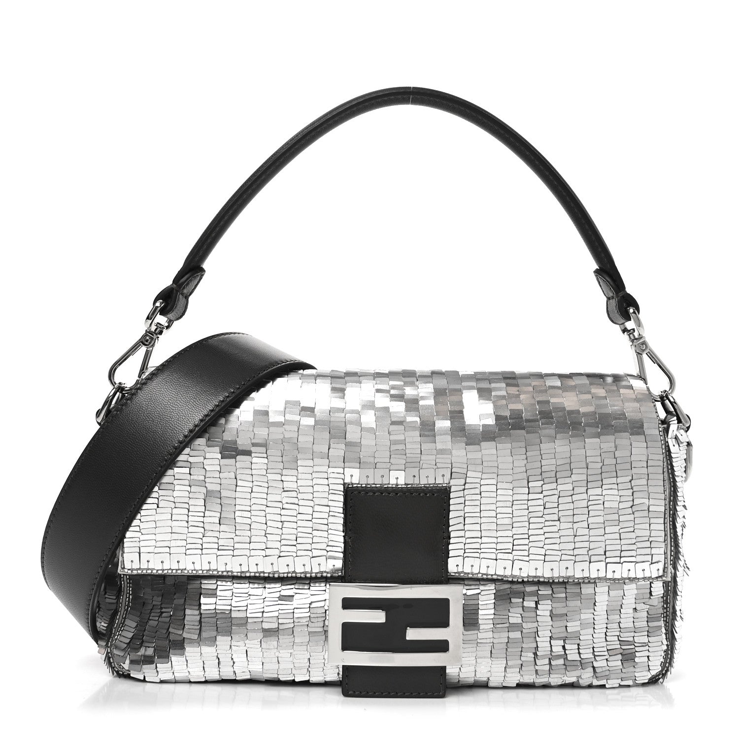 Fendi Sequin Paillettes Capretto Lucido Baguette Argento Moro 1 of 10