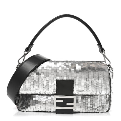 Fendi Sequin Paillettes Capretto Lucido Baguette Argento Moro 1 of 10