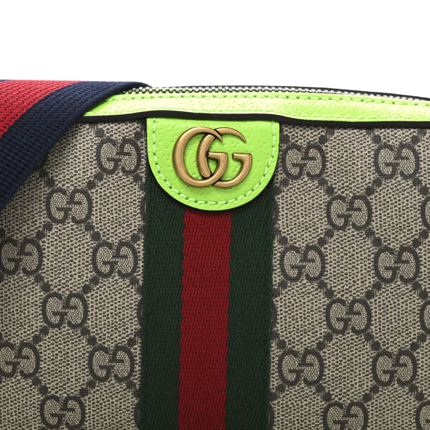 GG Supreme Monogram Textured Dollar Calfskin Web Ophidia Wristlet Shoulder Bag Beige Ebony Green